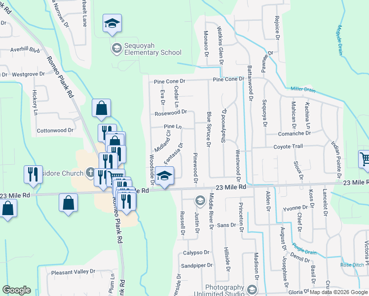 map of restaurants, bars, coffee shops, grocery stores, and more near 51370 Fantasia Drive in Macomb