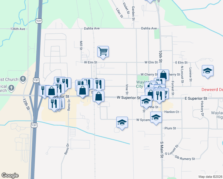 map of restaurants, bars, coffee shops, grocery stores, and more near 603 West Maple Street in Wayland