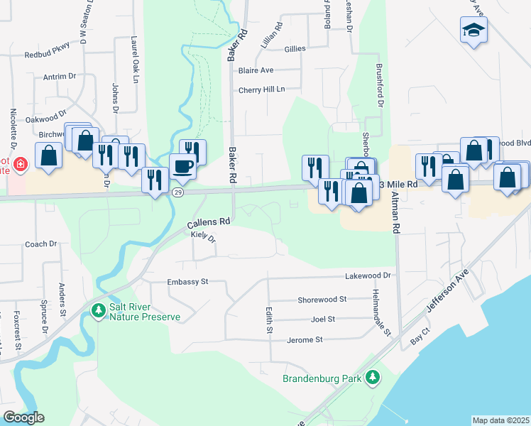 map of restaurants, bars, coffee shops, grocery stores, and more near 50900 Geering Drive in New Baltimore
