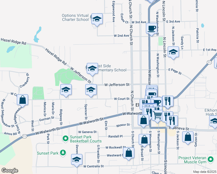 map of restaurants, bars, coffee shops, grocery stores, and more near 301 West Jefferson Street in Elkhorn