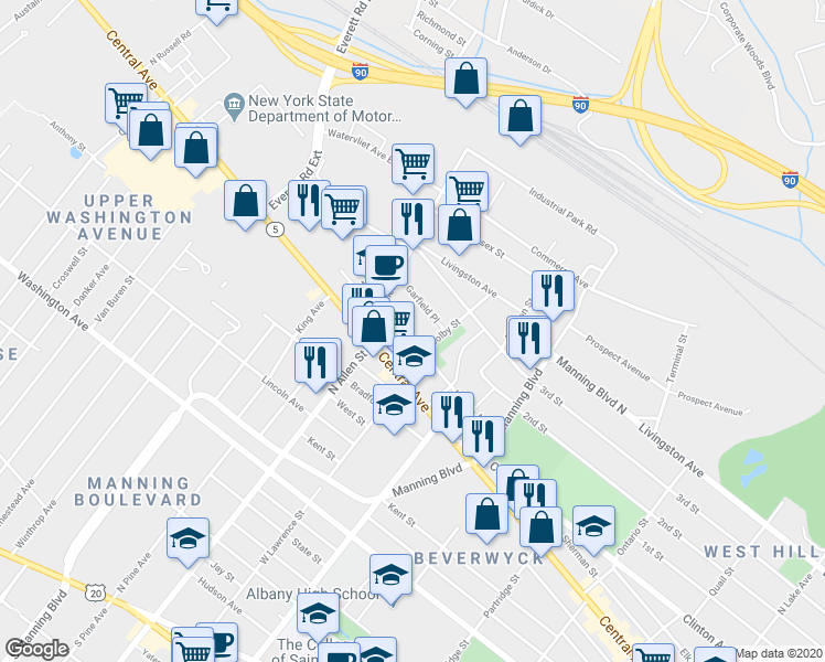 map of restaurants, bars, coffee shops, grocery stores, and more near 87 Hunter Avenue in Albany