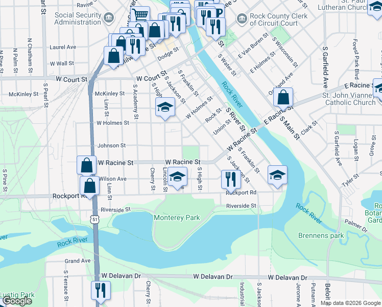 map of restaurants, bars, coffee shops, grocery stores, and more near 418 West Racine Street in Janesville