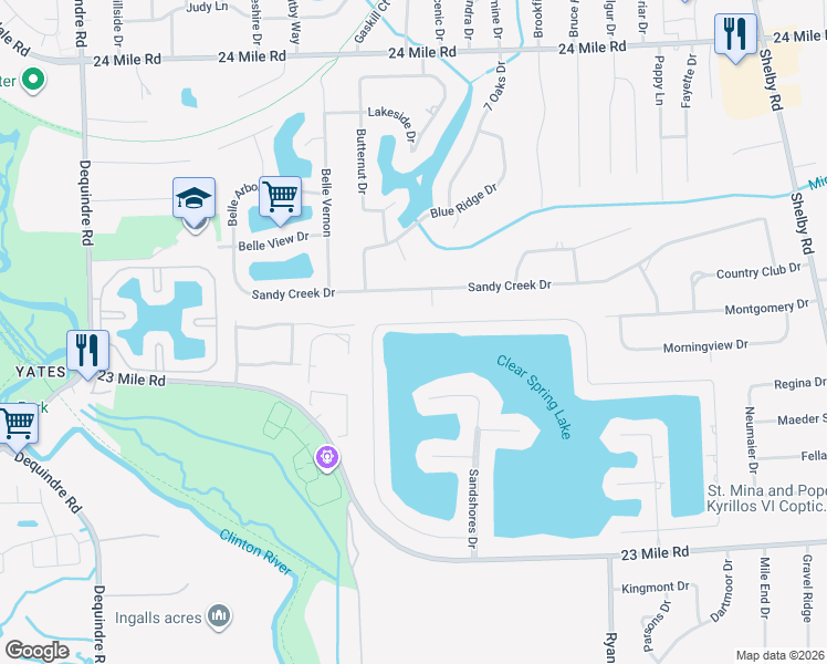 map of restaurants, bars, coffee shops, grocery stores, and more near 3126 Sandy Creek Drive in Macomb County