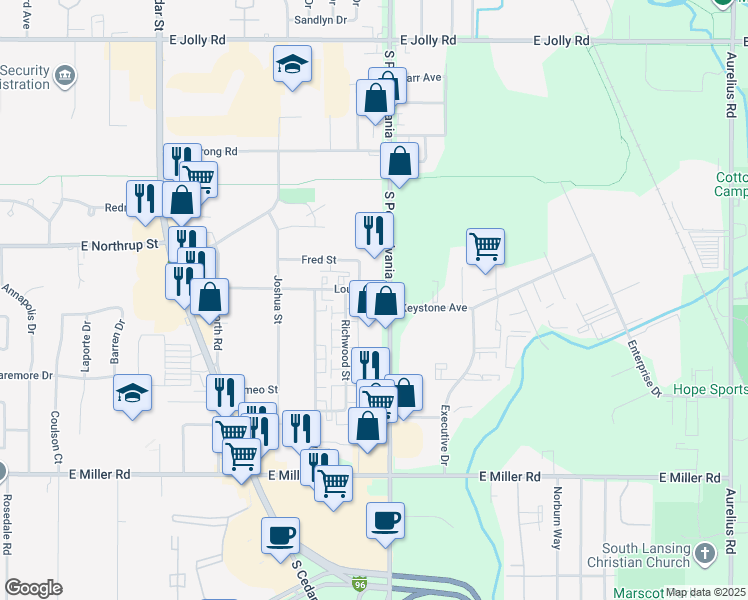map of restaurants, bars, coffee shops, grocery stores, and more near 5700 South Pennsylvania Avenue in Lansing