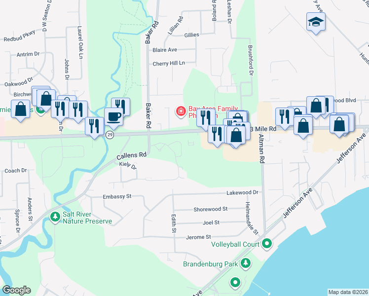 map of restaurants, bars, coffee shops, grocery stores, and more near 50834 Esther's Way in Chesterfield