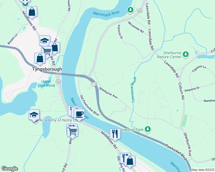 map of restaurants, bars, coffee shops, grocery stores, and more near 3 Village Lane in Tyngsborough