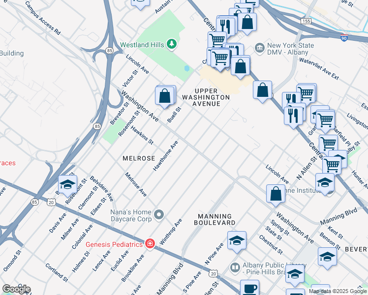 map of restaurants, bars, coffee shops, grocery stores, and more near 1022 Washington Avenue in Albany