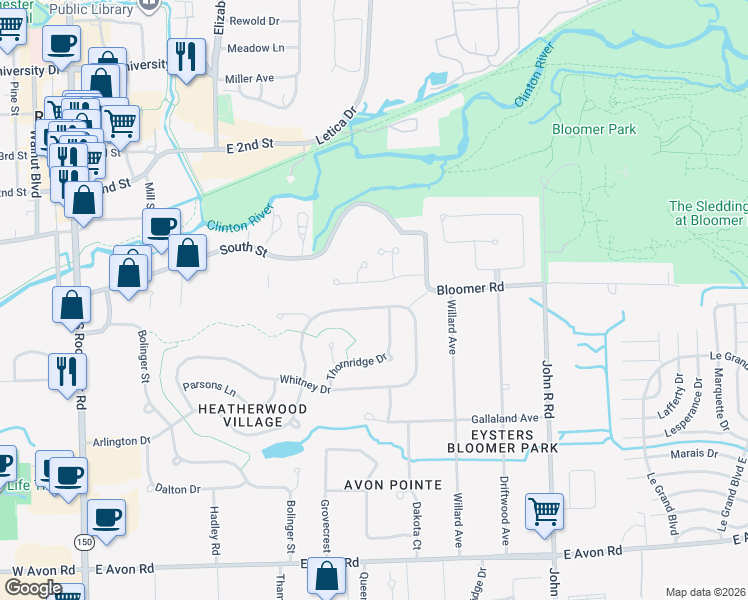 map of restaurants, bars, coffee shops, grocery stores, and more near 540 Bloomer Ridge Drive in Rochester Hills