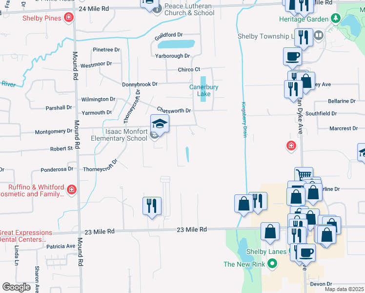 map of restaurants, bars, coffee shops, grocery stores, and more near 51800 Colonial Drive in Macomb County