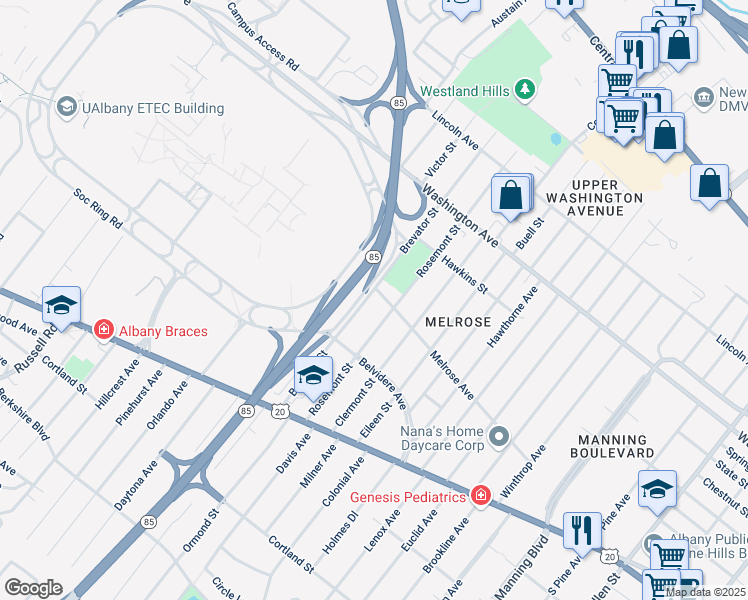 map of restaurants, bars, coffee shops, grocery stores, and more near 152 Melrose Avenue in Albany
