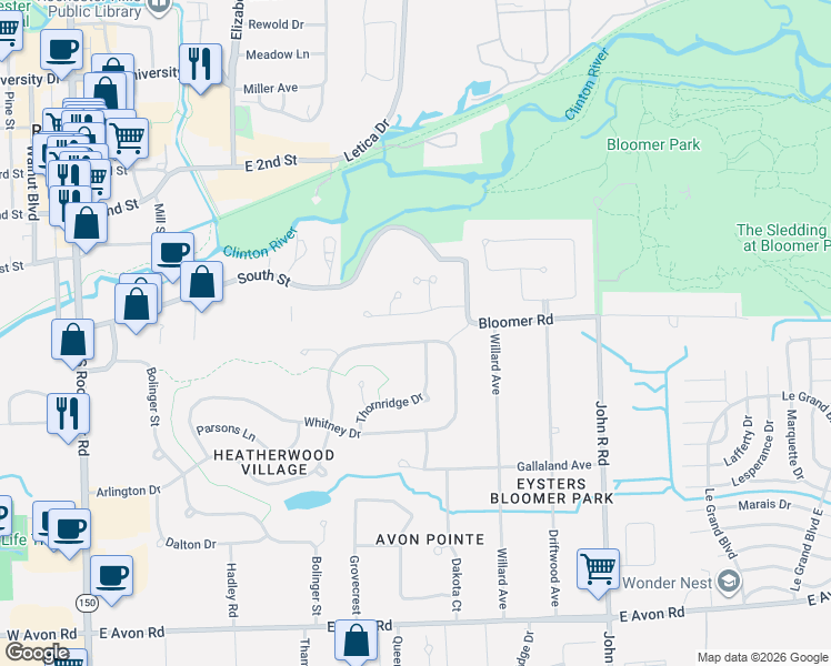map of restaurants, bars, coffee shops, grocery stores, and more near 540 Bloomer Ridge Drive in Rochester Hills