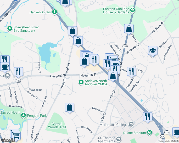 map of restaurants, bars, coffee shops, grocery stores, and more near 172 Haverhill Street in Andover