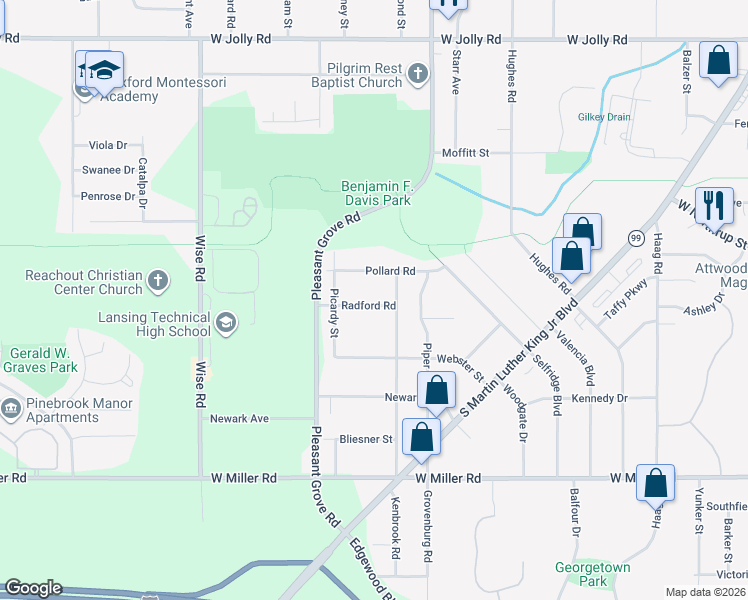 map of restaurants, bars, coffee shops, grocery stores, and more near 2320 Radford Road in Lansing