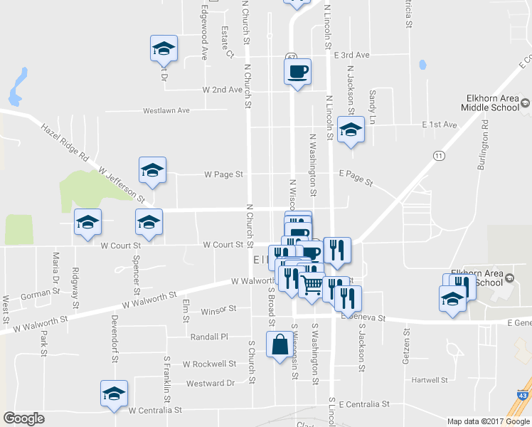 map of restaurants, bars, coffee shops, grocery stores, and more near 124 North Broad Street in Elkhorn