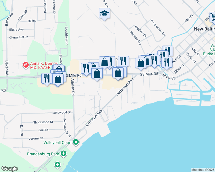 map of restaurants, bars, coffee shops, grocery stores, and more near 35248 23 Mile Road in New Baltimore