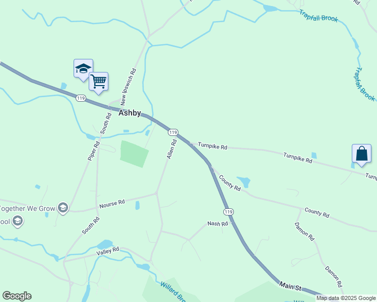 map of restaurants, bars, coffee shops, grocery stores, and more near 632 Main Street in Ashby