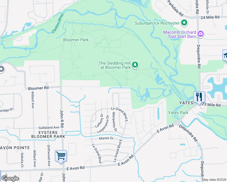 map of restaurants, bars, coffee shops, grocery stores, and more near Lalonde Court in Rochester Hills