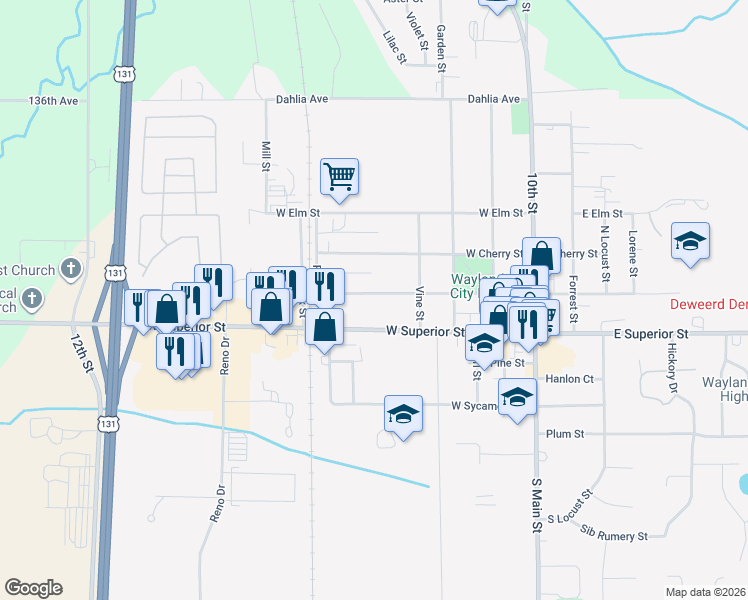 map of restaurants, bars, coffee shops, grocery stores, and more near 603 West Maple Street in Wayland