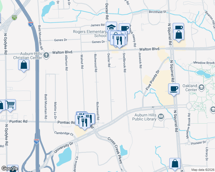 map of restaurants, bars, coffee shops, grocery stores, and more near 2235 Dexter Road in Auburn Hills