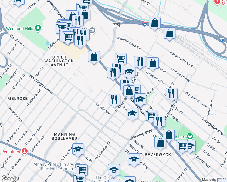 map of restaurants, bars, coffee shops, grocery stores, and more near 690 Central Avenue in Albany