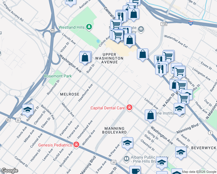 map of restaurants, bars, coffee shops, grocery stores, and more near 991 Washington Avenue in Albany