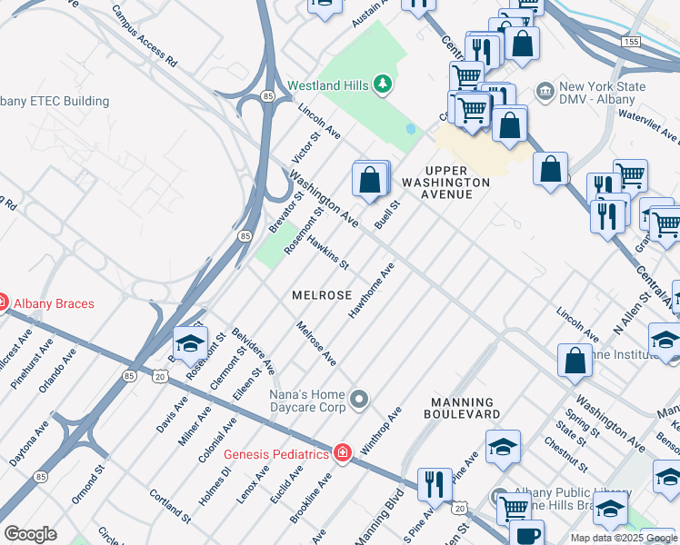 map of restaurants, bars, coffee shops, grocery stores, and more near 101 Eileen Street in Albany