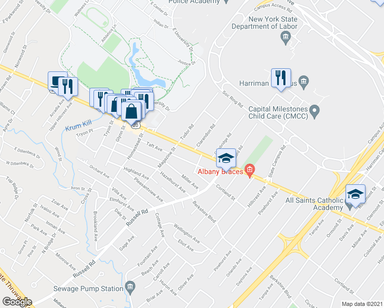 map of restaurants, bars, coffee shops, grocery stores, and more near 1110 Western Avenue in Albany