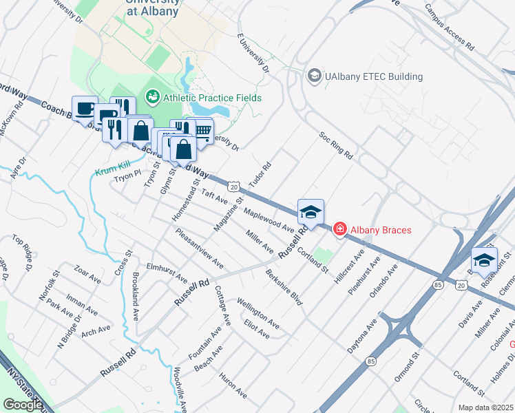 map of restaurants, bars, coffee shops, grocery stores, and more near 1110 Western Avenue in Albany