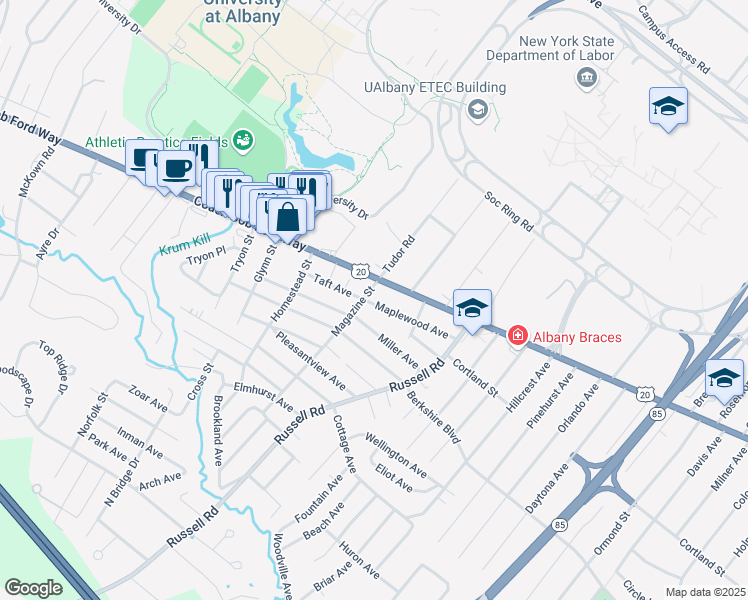 map of restaurants, bars, coffee shops, grocery stores, and more near 369 Magazine Street in Albany