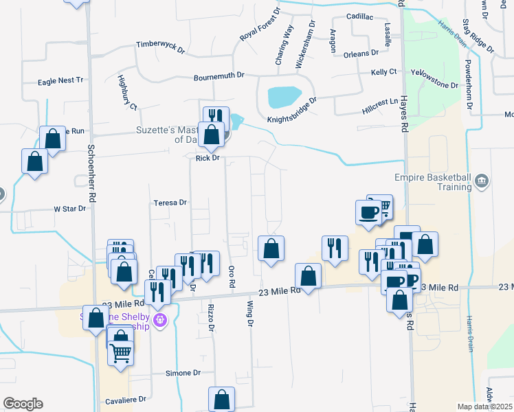 map of restaurants, bars, coffee shops, grocery stores, and more near 51505 West End Drive in Macomb County
