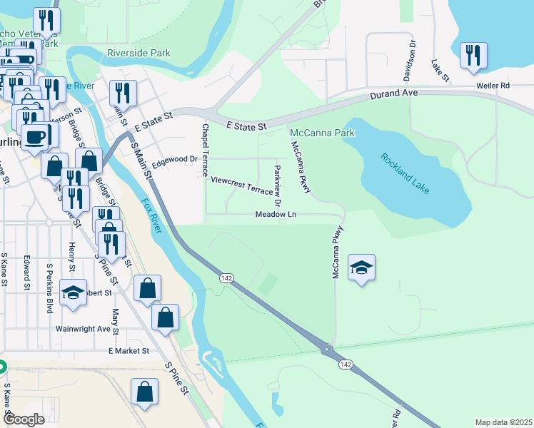 map of restaurants, bars, coffee shops, grocery stores, and more near 656 Meadow Lane in Burlington