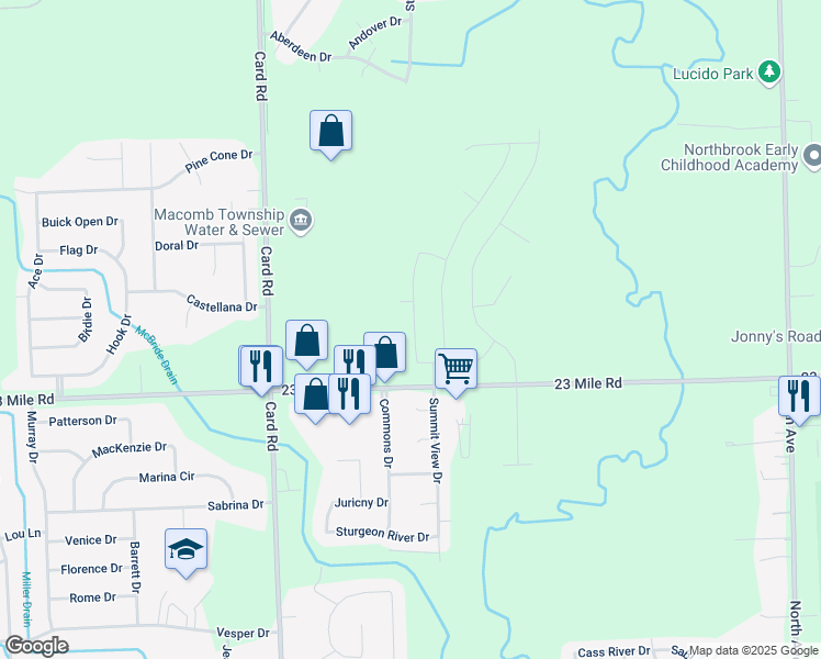 map of restaurants, bars, coffee shops, grocery stores, and more near 51185 Green Meadows Drive in Macomb
