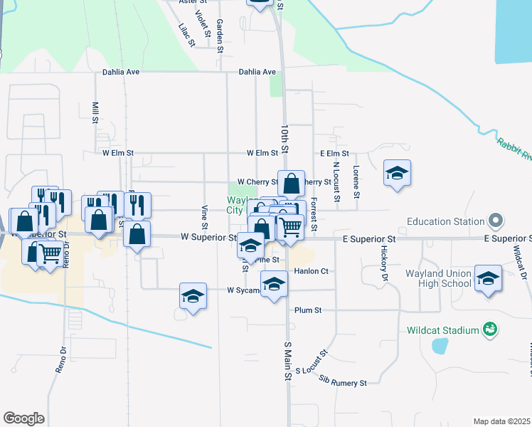 map of restaurants, bars, coffee shops, grocery stores, and more near 129 West Maple Street in Wayland