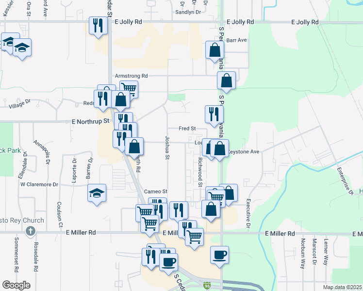 map of restaurants, bars, coffee shops, grocery stores, and more near 5700 Orchard Court in Lansing