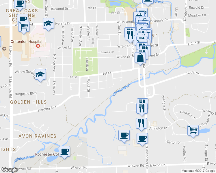 map of restaurants, bars, coffee shops, grocery stores, and more near 221 Hacker Street in Rochester