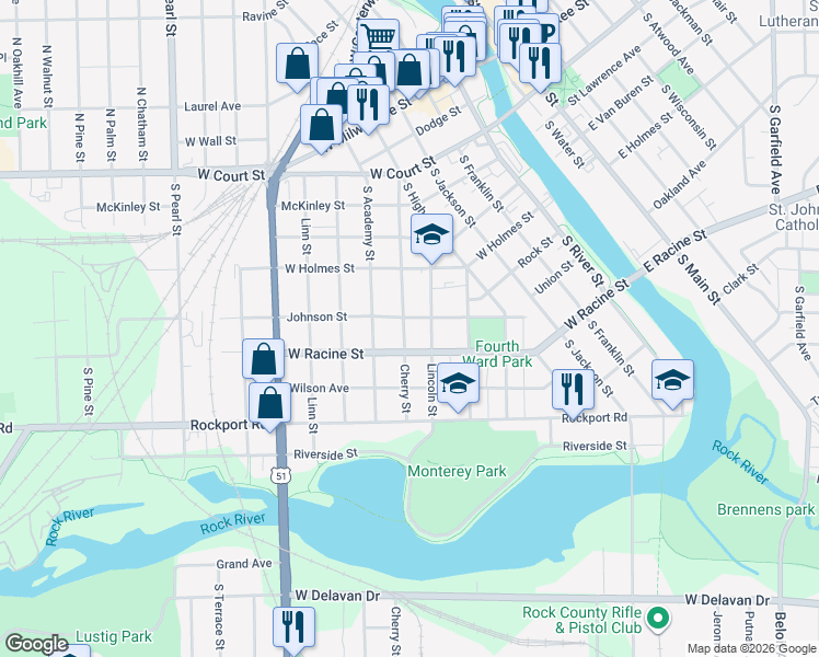 map of restaurants, bars, coffee shops, grocery stores, and more near 409 Cherry Street in Janesville