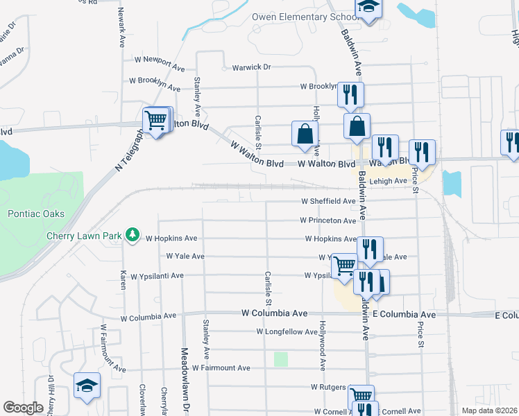 map of restaurants, bars, coffee shops, grocery stores, and more near 181 W Sheffield Ave in Pontiac