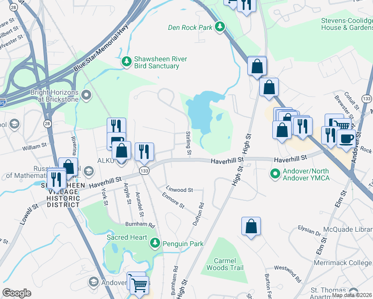 map of restaurants, bars, coffee shops, grocery stores, and more near 6 Dumbarton Street in Andover