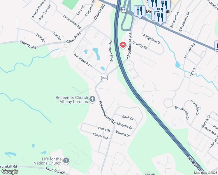 map of restaurants, bars, coffee shops, grocery stores, and more near 107 West McKown Road in Albany