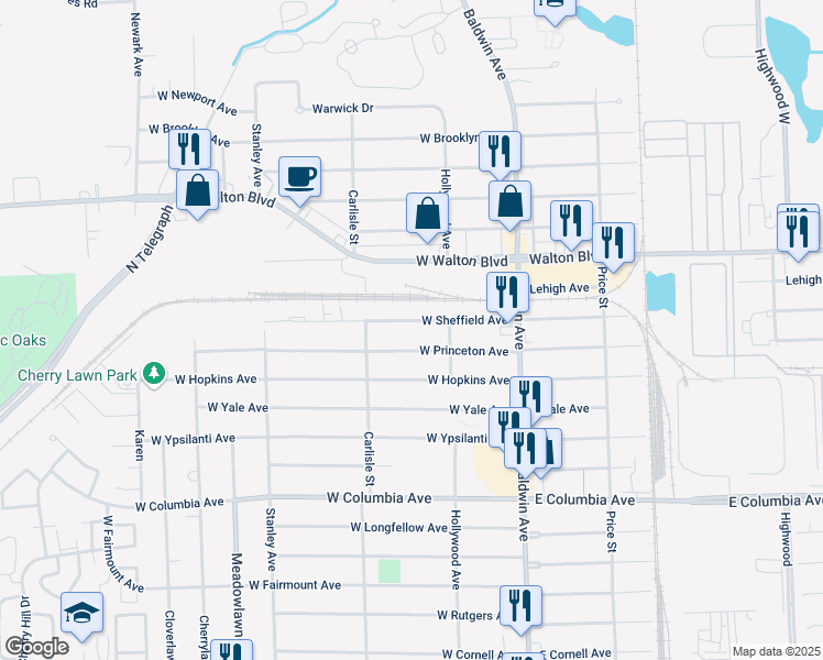 map of restaurants, bars, coffee shops, grocery stores, and more near 137 West Sheffield Avenue in Pontiac
