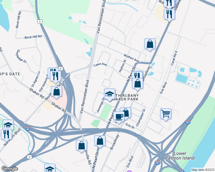 map of restaurants, bars, coffee shops, grocery stores, and more near 43 Jennings Drive in Albany