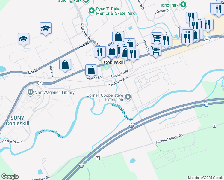 map of restaurants, bars, coffee shops, grocery stores, and more near 108 Florence Street in Cobleskill
