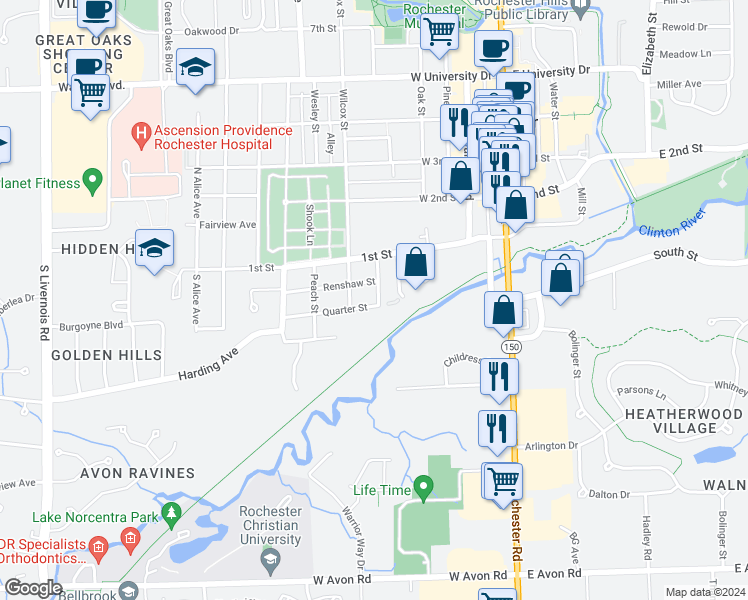 map of restaurants, bars, coffee shops, grocery stores, and more near 504 Quarter Street in Rochester
