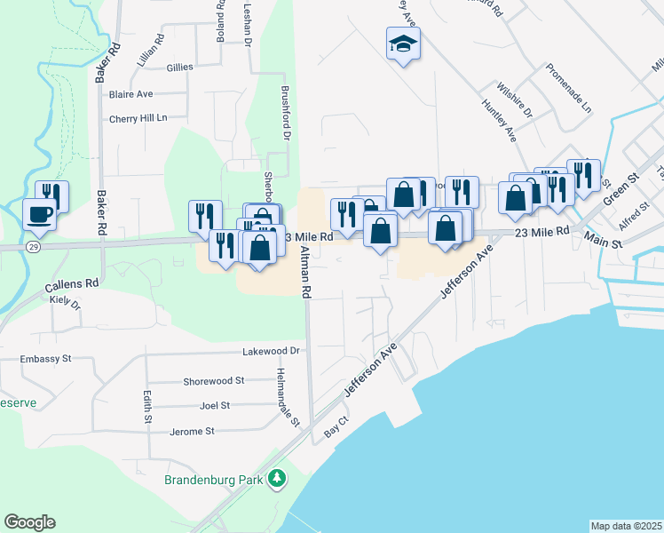map of restaurants, bars, coffee shops, grocery stores, and more near 35054 23 Mile Road in New Baltimore