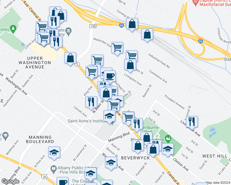 map of restaurants, bars, coffee shops, grocery stores, and more near 95 Hunter Avenue in Albany