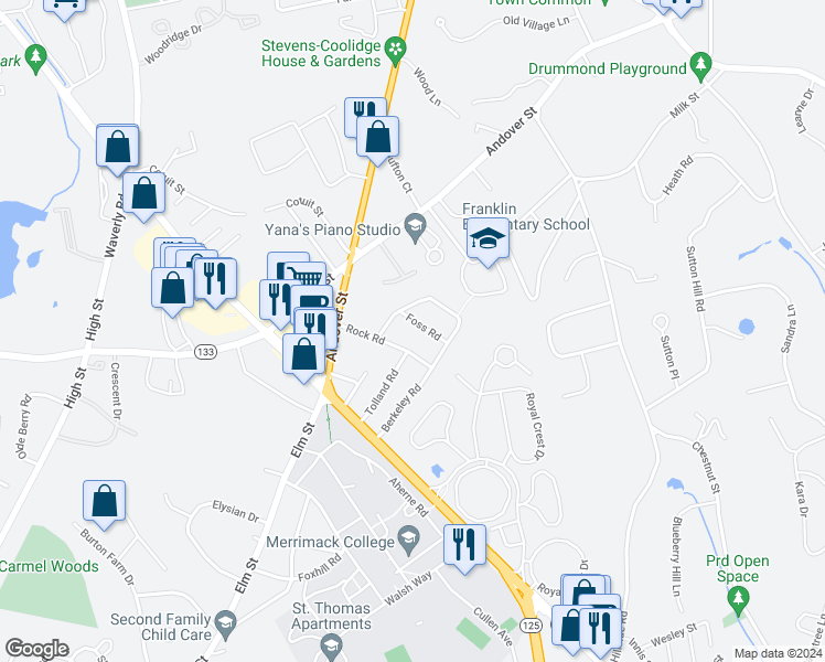 map of restaurants, bars, coffee shops, grocery stores, and more near 28 Foss Road in North Andover