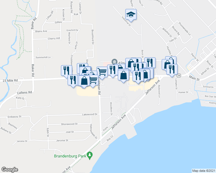 map of restaurants, bars, coffee shops, grocery stores, and more near 35054 23 Mile Road in New Baltimore