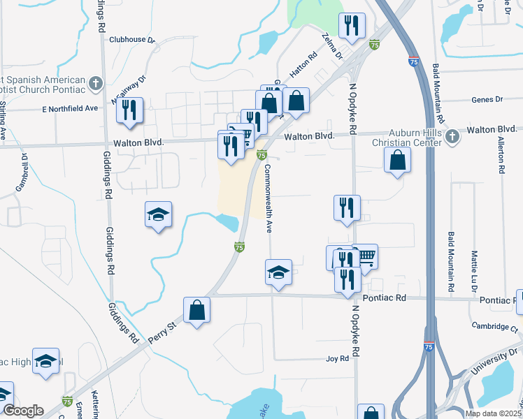 map of restaurants, bars, coffee shops, grocery stores, and more near 1820 North Perry Street in Pontiac