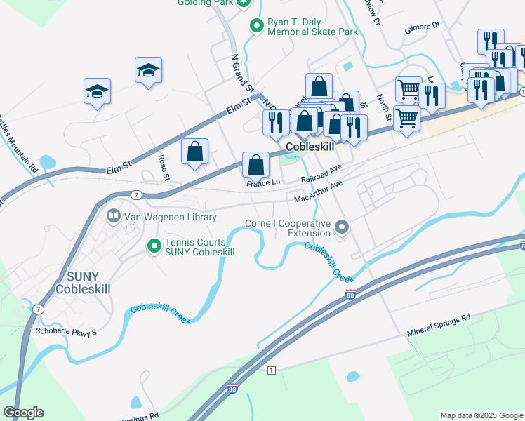 map of restaurants, bars, coffee shops, grocery stores, and more near 111 Mallard Lane in Cobleskill