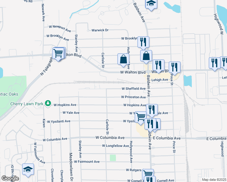 map of restaurants, bars, coffee shops, grocery stores, and more near 137 West Sheffield Avenue in Pontiac